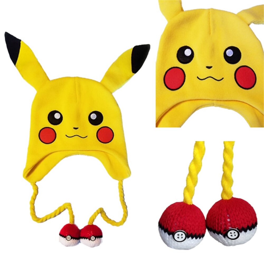 Pokemon Pikachu Knitted Beanie Hat with Pokeball Tassels – Winter Cap